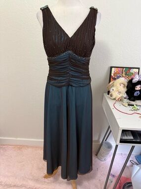 JS Boutique Brown Beaded Bodice with Teal Maxi Dress
